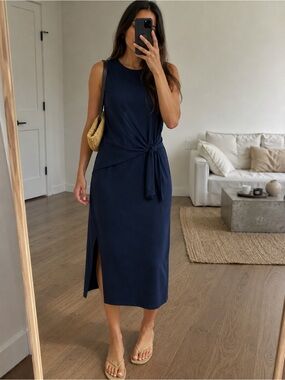 Theory Minimalist Tie Waist Sleeveless Midi Dress Navy Size L Cotton Blend